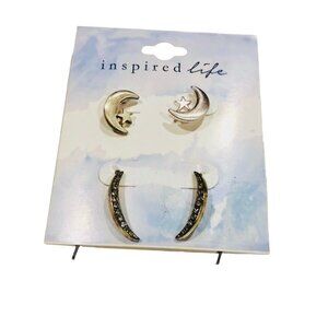 INSPIRED LIFE  Silver Set Of 2 Moon  Studded Earrings w/ Rhinestones NWT